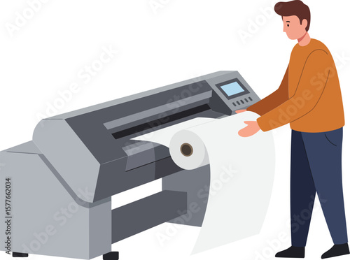Man operating large format printer printing wide paper roll in office workspace vector illustration 