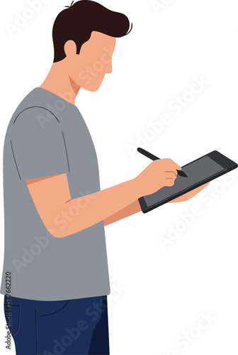 Man using digital tablet with stylus pen for creative work in casual outfit vector illustration 