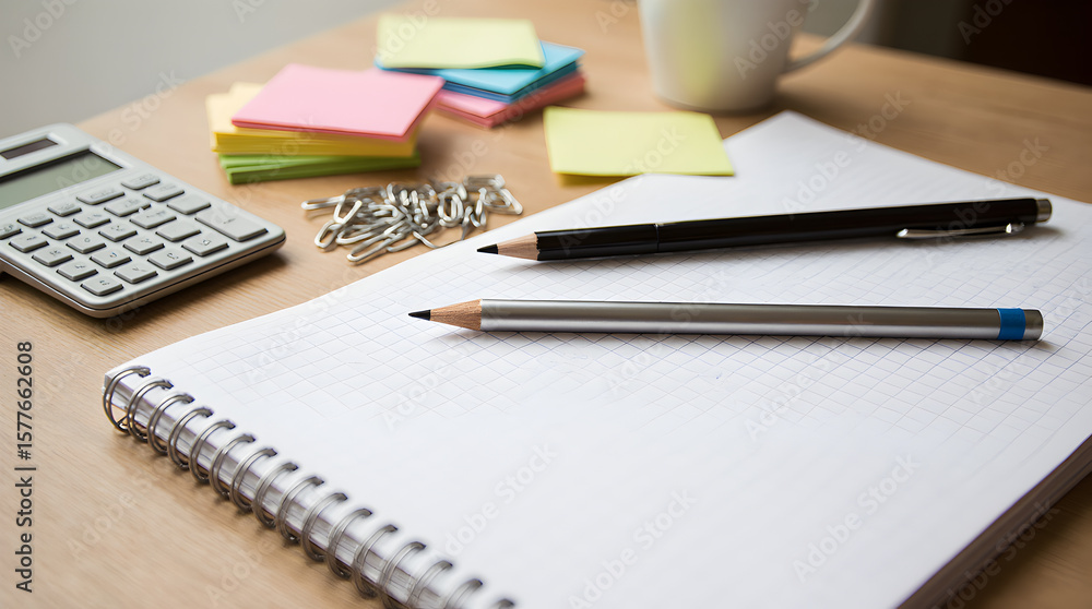 The Organized Workspace: A well-lit, aesthetically pleasing workspace is revealed, the focus is on an open notepad alongside a sharp pencil and essential office supplies, promoting a sense of order. The Organized Workspace: A well-lit, aesthetically pleasing workspace is revealed, the focus is on an open notepad alongside a sharp pencil and essential office supplies, promoting a sense of order.