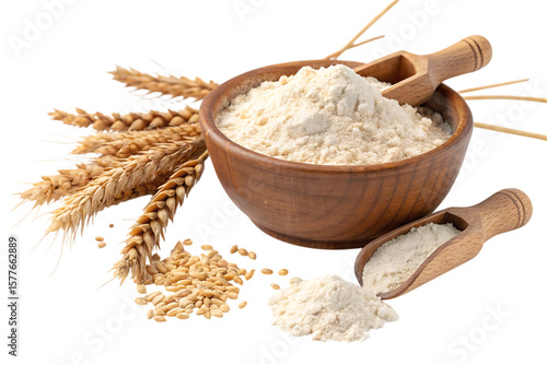 Fresh wheat flour in a bowl with a scoop and ears PNG Image