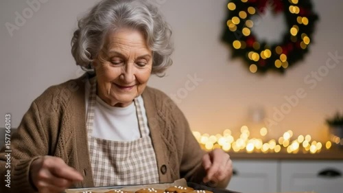 A smiling grandmother bakes fresh gingerbread cookies for the holidays in her kitchen.