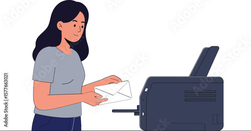 Woman using printer for document printing office work technology vector illustration 
