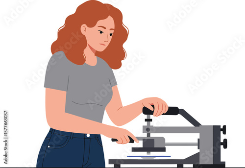 Woman Operating Screen Printing Machine Creating Custom Designs with Textile Fabric in Workshop Environment 