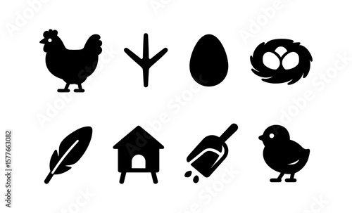 Silhouette farm animals and icons: chickens, eggs, and more in black