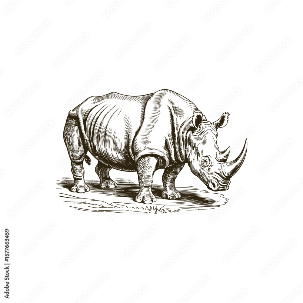 Fototapeta premium Vintage engraving woodcut Rhinoceros vector illustration art design