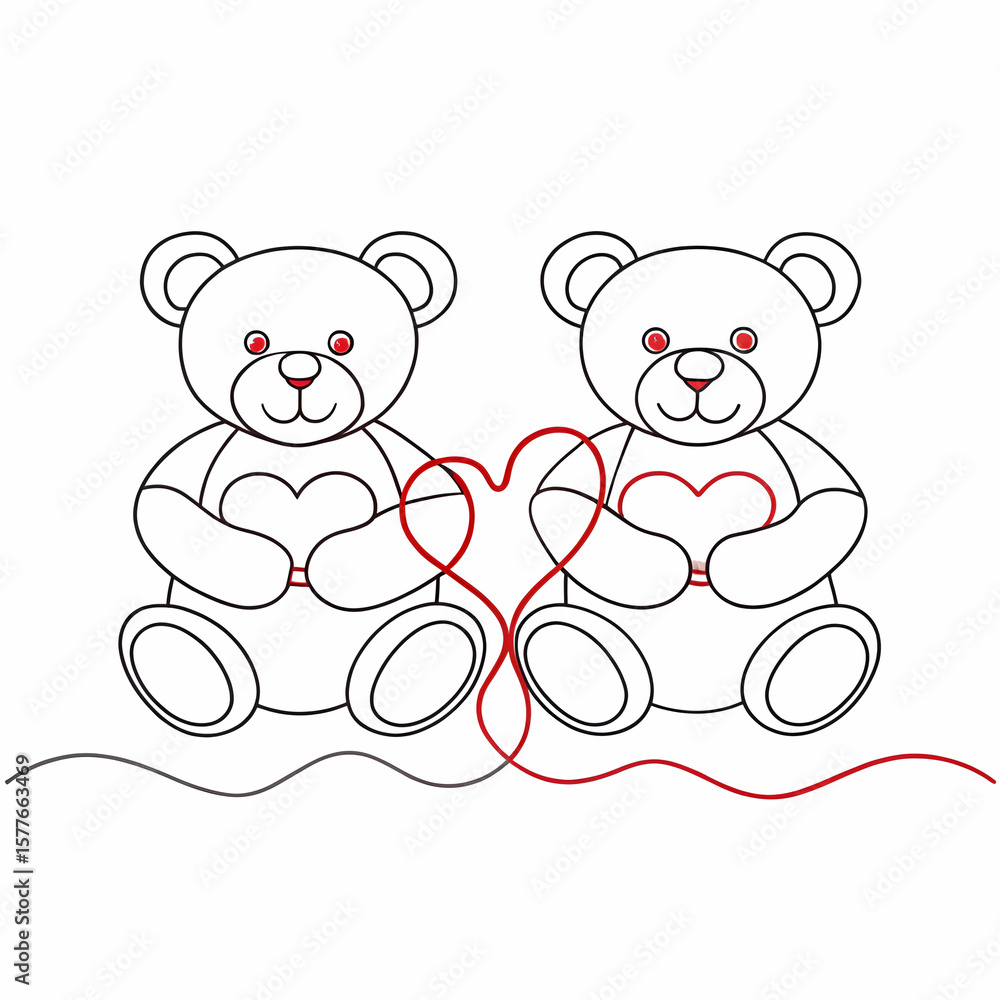 Obraz premium two teddy bear with heart continuous line drawing