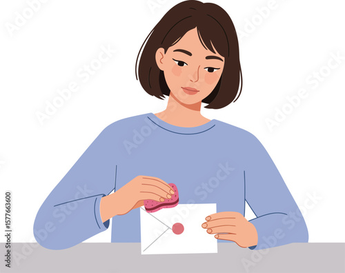 Woman opening envelope with letter vector illustration showing communication and message concept in portrait layout 