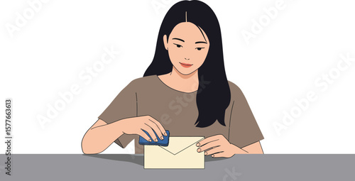 Woman sealing envelope with blue sticker at table in casual setting illustration vector 