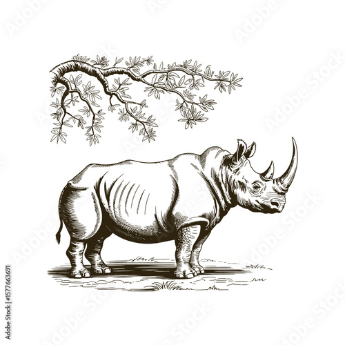 Vintage engraving woodcut Rhinoceros vector illustration art design