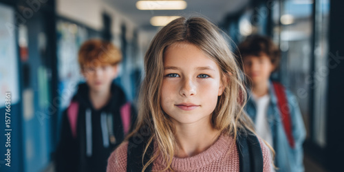 Wallpaper Mural Girl with backpack looks directly at camera, standing in school hallway with blurred figures of other students. Conveys determination, readiness for learning, and the daily school environment. Torontodigital.ca