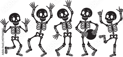 Funny Dancing Skeletons Vector Set – Cute Halloween Cartoon Characters in Silhouette Style
