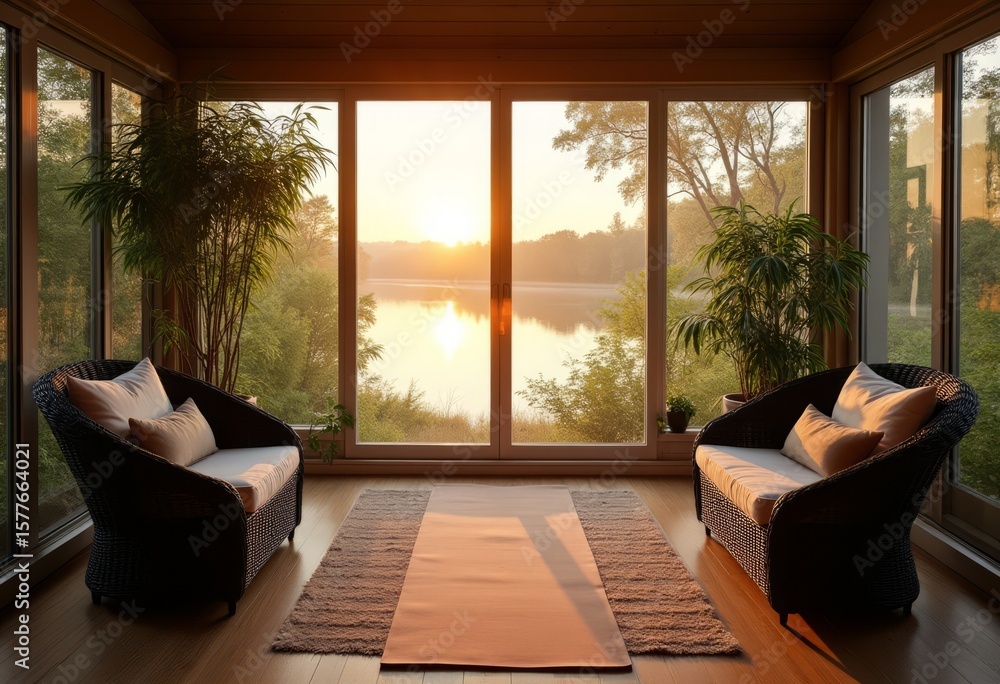 Serene Sunrise Lake View from Cozy Sunroom Serene Sunrise Lake View from Cozy Sunroom