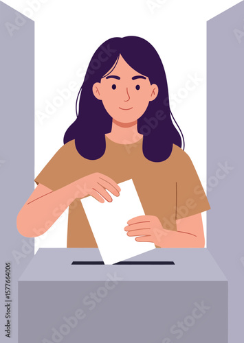 Young woman casting vote in ballot box exercising democratic right in polling station vector illustration 