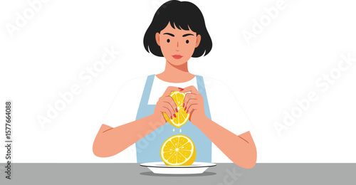 Woman squeezing fresh lemon juice into glass on table for healthy drink preparation vector illustration 