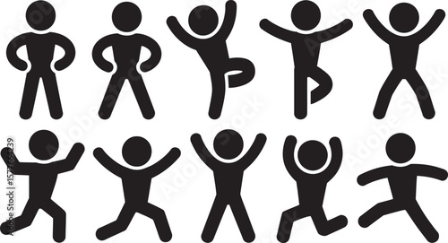 Human Poses Silhouette Icon Set – Vector Stick Figures in Various Standing, Walking, and Dancing Positions
