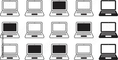 Laptop Icons Vector Set – Black and White Silhouette Illustrations of Notebooks with Keyboards