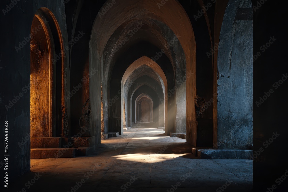 Fototapeta premium Archway Corridor of arches in stone, perspective view with light and shadows, tunnel like