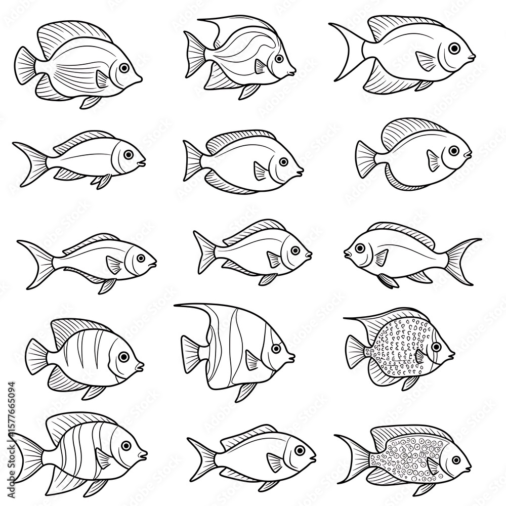 Fototapeta premium 線描の魚たち：海の静寂