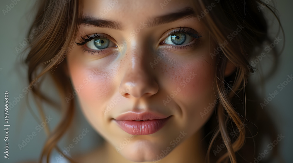 Stunning close-up portrait of a beautiful young woman with captivating blue eyes. She has a calm and confident gaze, with soft makeup and glowing skin. Stunning close-up portrait of a beautiful young woman with captivating blue eyes. She has a calm and confident gaze, with soft makeup and glowing skin.