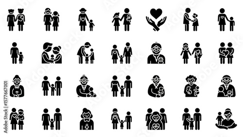 Family and Relationship Glyph Icon Set – Couple, Parent, Child, Elderly, Pregnancy, Single Mother, Social Care Vector

