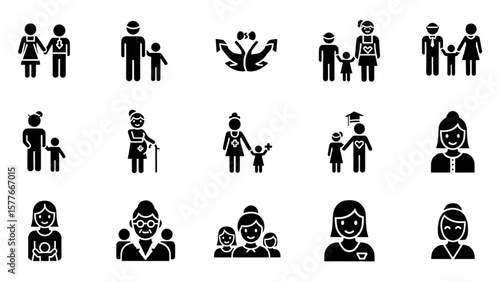 Family and Relationship Glyph Icon Set – Couple, Parent, Child, Elderly, Pregnancy, Single Mother, Social Care Vector

