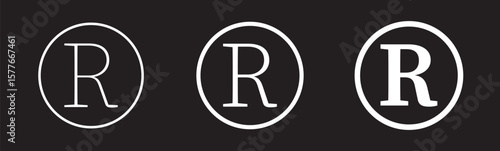 Register mark icon. patent trademark r circle icon set. Registered trademark symbol icons set in black and white strokes.
