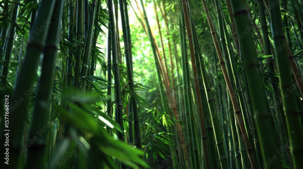 Fototapeta premium Lush bamboo forest, sunlight streams through