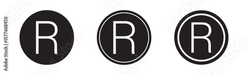 Register mark icon. patent trademark r circle icon set. Registered trademark symbol icons set in black and white strokes.