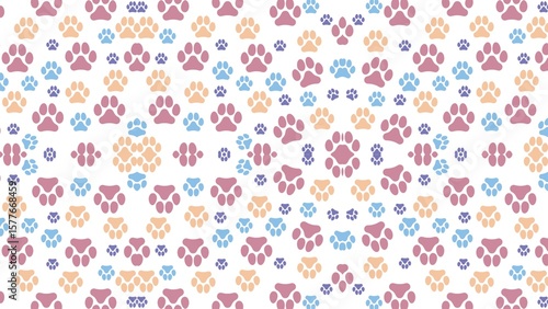 Pattern featuring scattered dog paw prints in various sizes and colors. Paw prints are presented in shades of purple, blue, and orange, creating a vibrant and playful design
