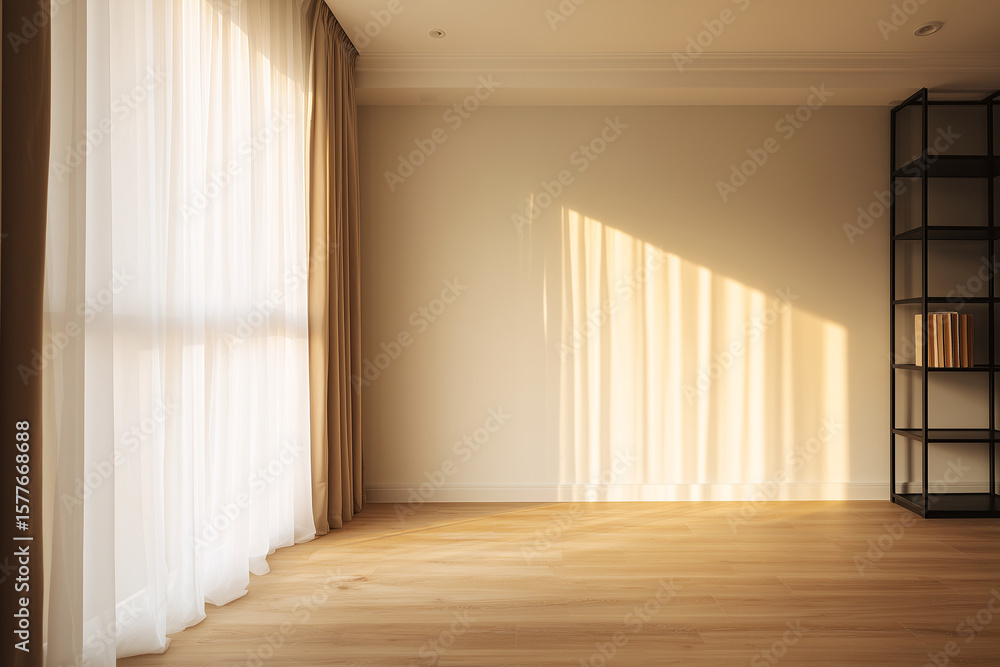 Obraz premium empty room with light wooden floor and sheer curtains illuminated by warm sunlight