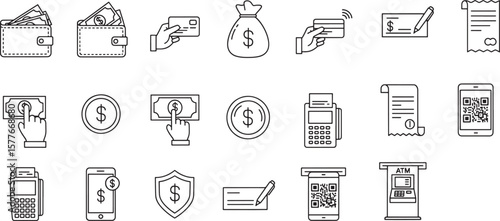 Collection of Financial Icons Depicting Money Transactions and Payment Methods