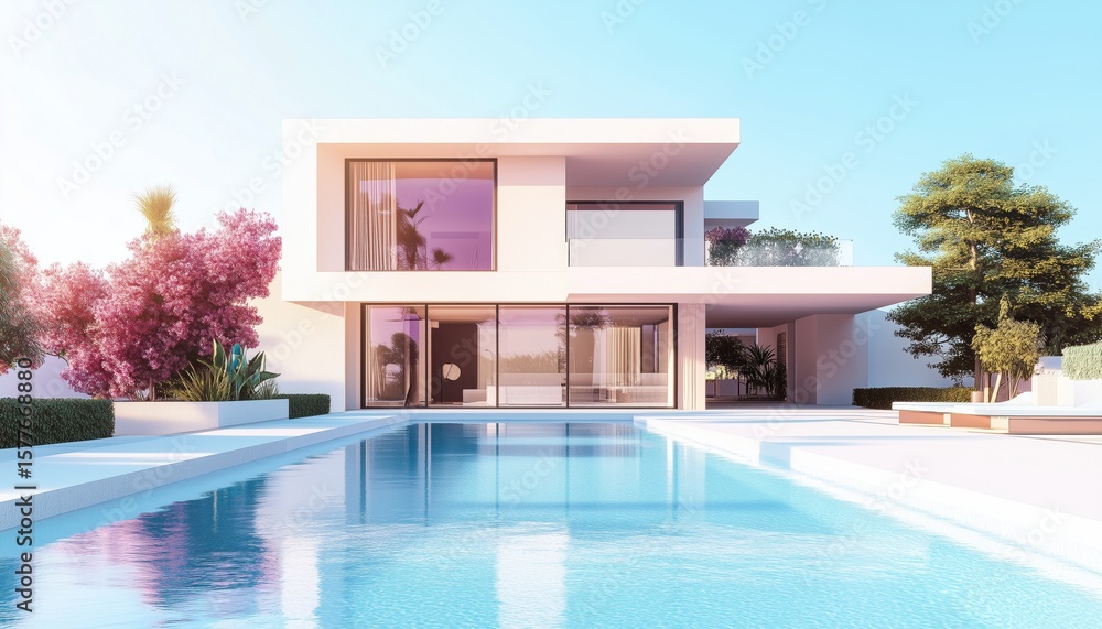 Fototapeta premium Contemporary Home Exterior With Pool Design Visualization Showcasing Modern Architecture And An Outdoor Swimming Pool.