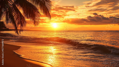 Wallpaper Mural Golden sunset over tropical beach with palm trees and calm waves. Beautiful vacation scene. Torontodigital.ca