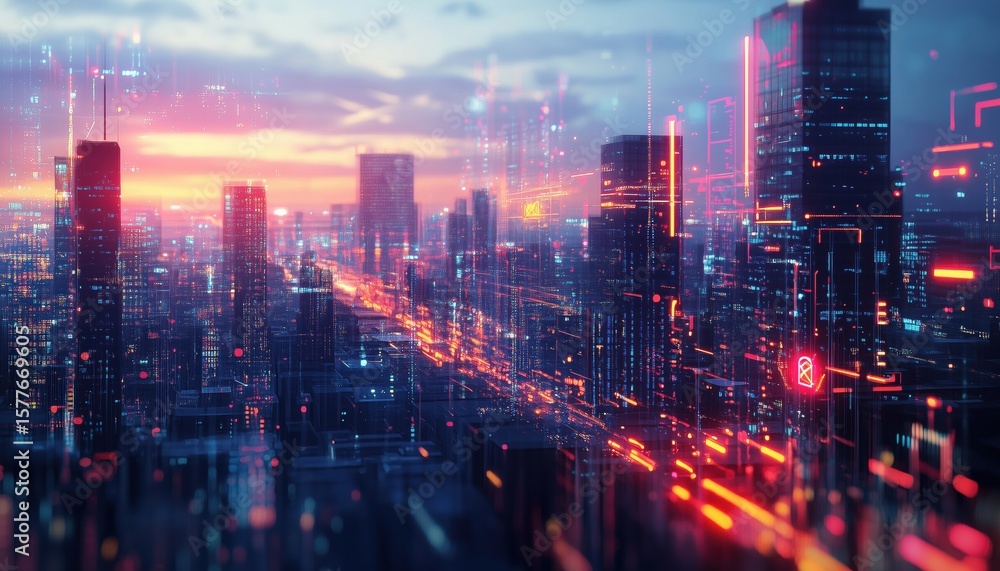 Obraz premium Night Cityscape With Technology Graphic Captured In Double Exposure Using Mixed Media Techniques, Blending Urban Landscapes With Digital Elements.