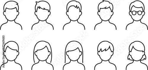 Diverse Collection of Line Art Avatars Symbolic of Human Representation with Various Hairstyles Including Male Female Unisex and Accessorized Figures for Web Design and Social Media Platforms