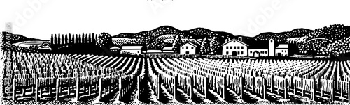 Classic vineyard farmhouse in detailed woodcut style in black and white for showcasing rural lifestyle