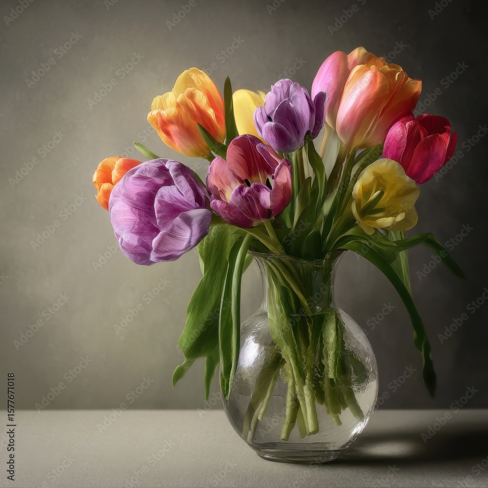 Obraz premium Pink tulip bouquet in vase, a beautiful spring flower arrangement
