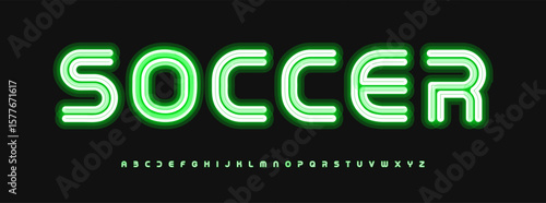 Green neon alphabet, glowing outline letters, bold electric font for soccer banner, football game logo, scoreboard title, casino sign, online sport bet, luminous typographic design. Vector typeset