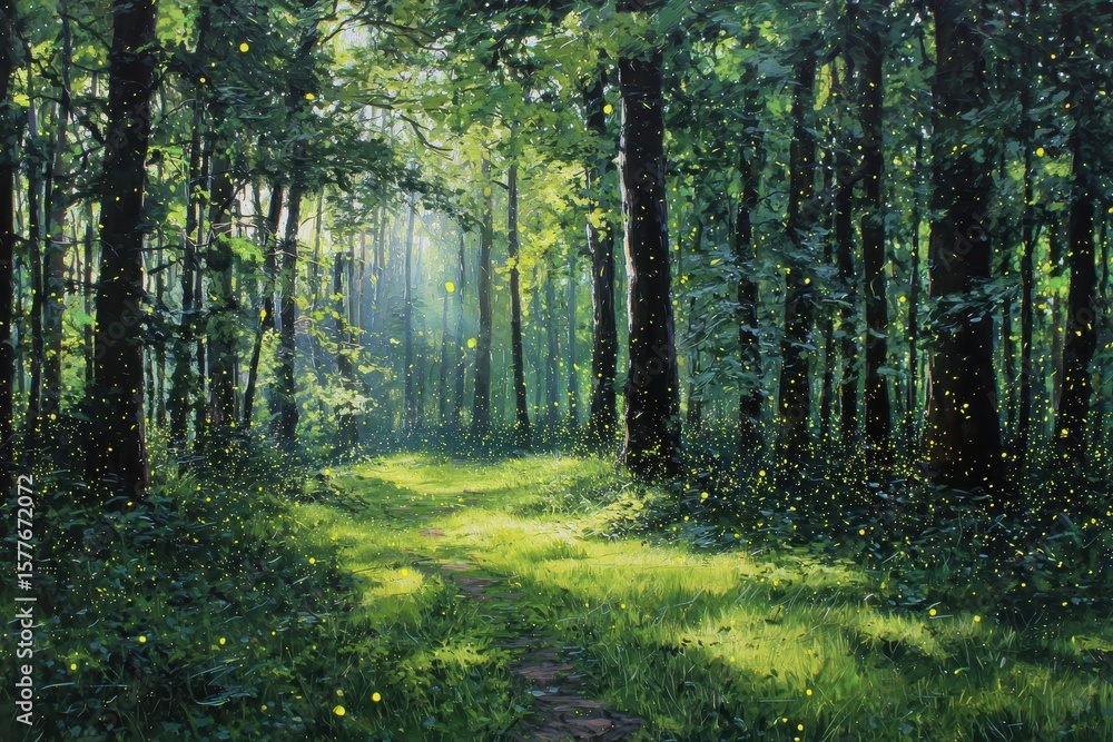 Fototapeta premium Sunlit forest path with green grass & trees; tiny flying lights add magic to nature scene