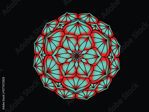 Vibrant geometric mandala with  petals, red and blue glass spheres
