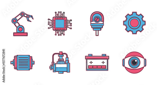 Illustration of various robotic and technological components in cartoon style
