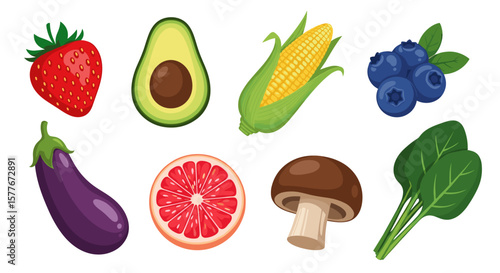 Illustration featuring a variety of fruits and vegetables arranged together nicely