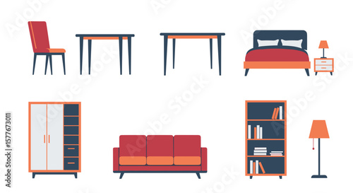 Illustration of a bedroom set with bed chair tables and other furniture items