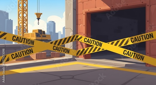 Construction Site with Caution Tape and Equipment in Cityscape