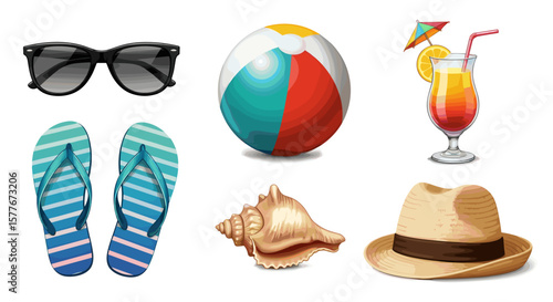 Assortment of beach themed items including sunglasses, ball, and flip flops shown