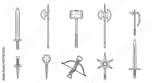 Collection of medieval weapons including swords axes and a crossbow drawing