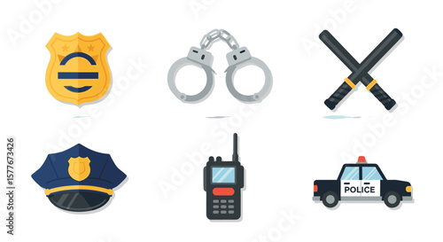 Illustration of police badge handcuffs batons hat radio and police car items set