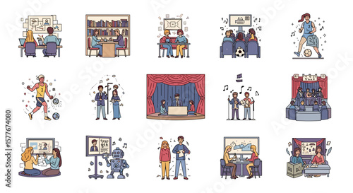 Collection of people in various activities and settings in cartoon style art