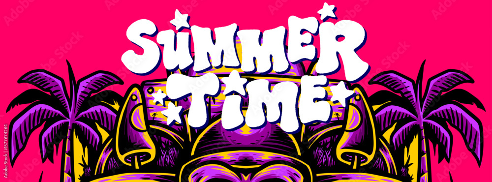 Obraz premium Bold graffiti “SUMMER TIME” lettering with palm trees and skull on vibrant pink background. Ideal for tropical streetwear, festival posters, or summer branding.