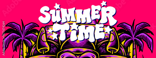 Bold graffiti “SUMMER TIME” lettering with palm trees and skull on vibrant pink background. Ideal for tropical streetwear, festival posters, or summer branding.